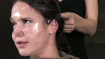 Disfiguring and humiliating pretty brat beauty's lovely face with cellophane tape