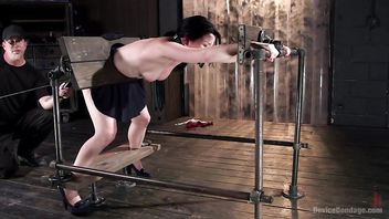Bounded petite darling in high heels is quivering from master's ruthless punishment